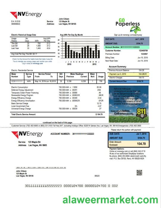 USA Nevada NV Energy utility bill template in Word and PDF format